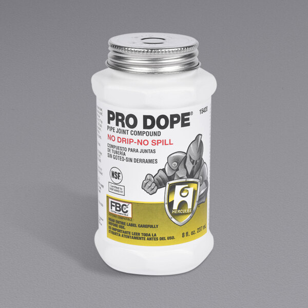An 8 oz. white plastic container of Hercules Pro Dope with a yellow label.