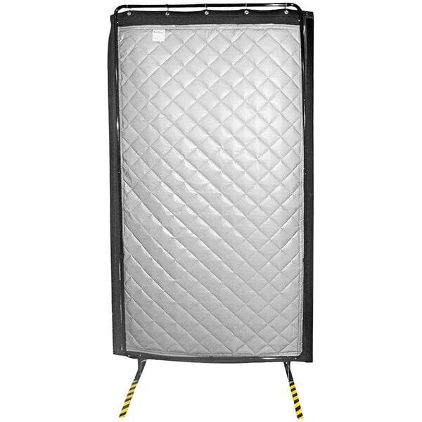 A white rectangular Singer Safety modular acoustic screen with black and grey quilted material and a yellow stripe.