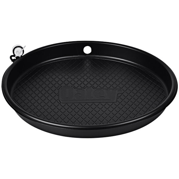 A black round pan with a black border and a hole in the bottom.