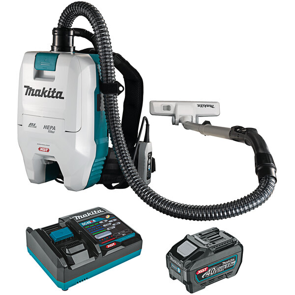 A Makita cordless backpack vacuum with a black and blue battery and charger.