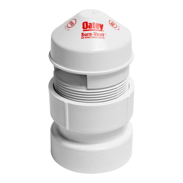 A white Oatey Sure-Vent air admittance valve with red lettering.