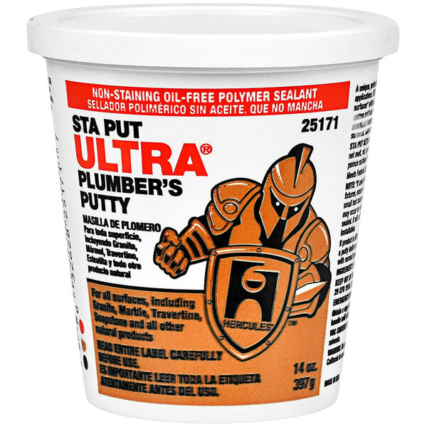 A tubular container of Hercules Sta Put Ultra Plumber's Putty with a white lid and orange and white label.