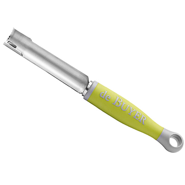 A de Buyer manual corer with a green handle and silver blade.