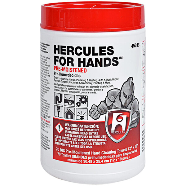 A white container of Hercules For Hands pre-moistened hand cleaning towels with a red lid.