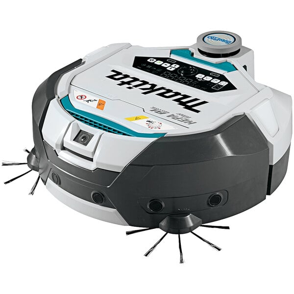 A white and black Makita robotic vacuum cleaner with two wheels.