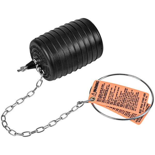 A black cylinder with a chain and a tag.