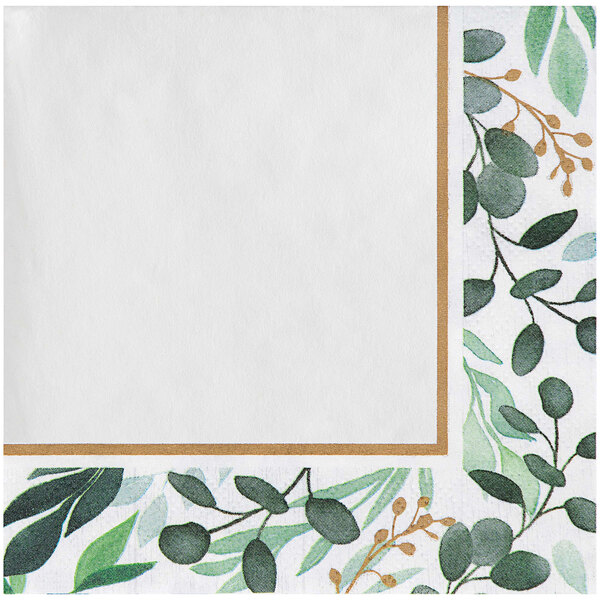 A white Creative Converting beverage napkin with green leaves and a gold border.