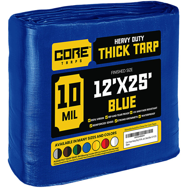 Core Tarps 12' x 25' Blue HeavyDuty Weatherproof 10 Mil Poly Tarp with