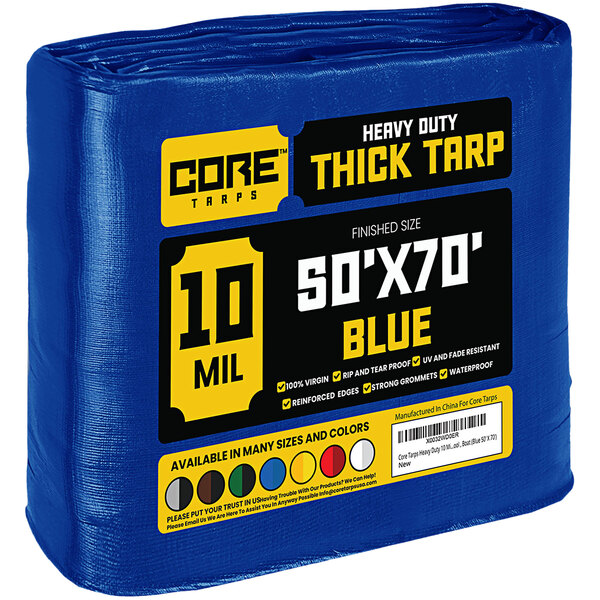 Core Tarps 50' x 70' Blue HeavyDuty Weatherproof 10 Mil Poly Tarp with