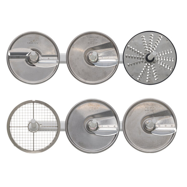 A group of circular metal Hobart slicing plates with a white handle.