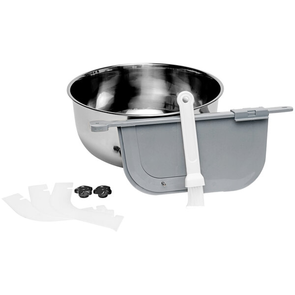 A stainless steel bowl with a white plastic handle.