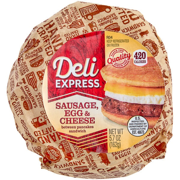 A package of Deli Express Sausage, Egg, and Cheese Pancake Breakfast Sandwiches on a white wrapper.