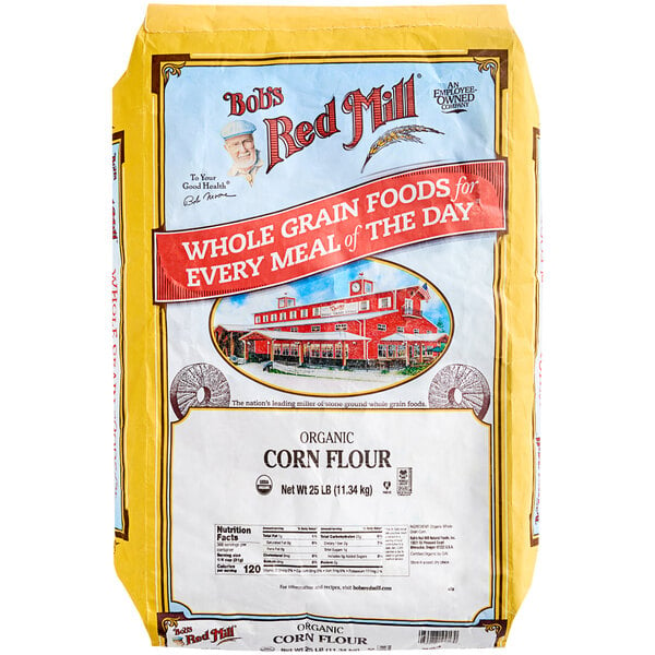 A yellow bag of Bob's Red Mill whole grain corn flour.