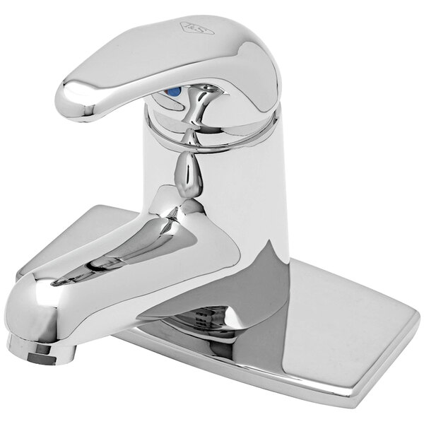 A silver T&S single lever deck mount faucet.
