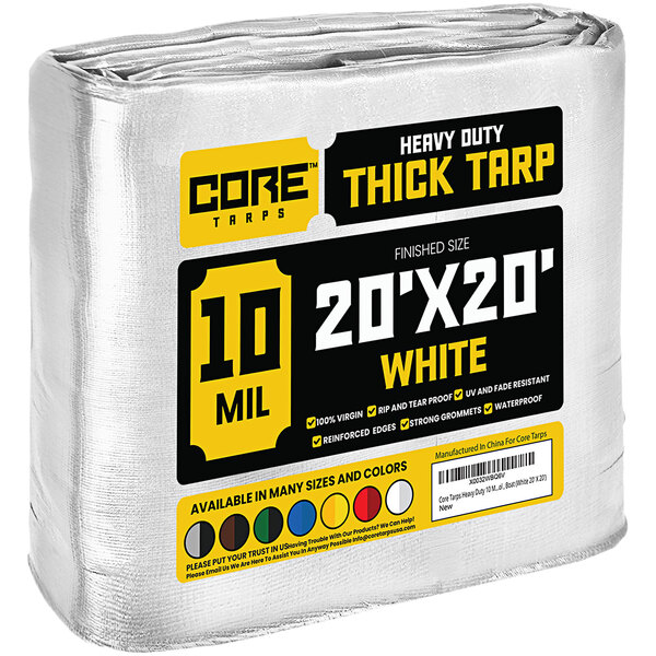 Core Tarps 20' x 20' White HeavyDuty Weatherproof 10 Mil Poly Tarp