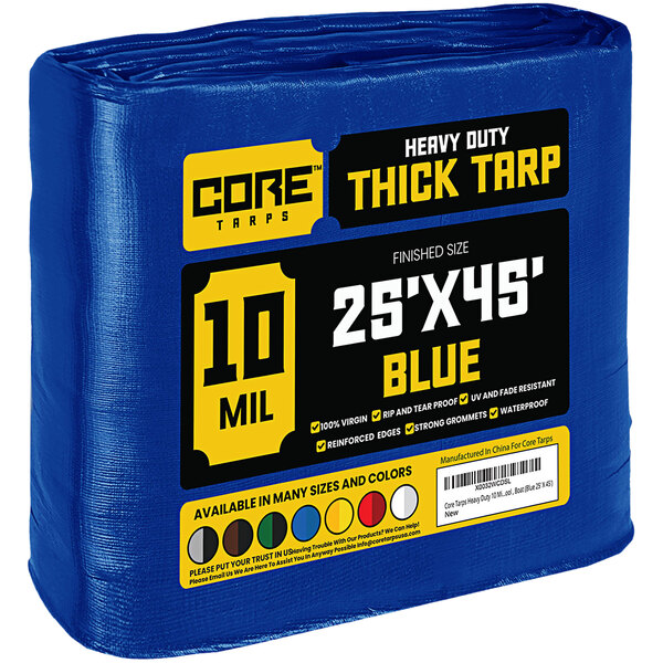 Core Tarps 25' x 45' Blue HeavyDuty Weatherproof 10 Mil Poly Tarp with Reinforced Edges