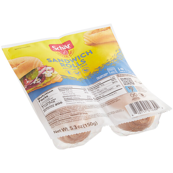 Two packages of Schar Gluten-Free Sliced Sandwich Rolls on a white background.