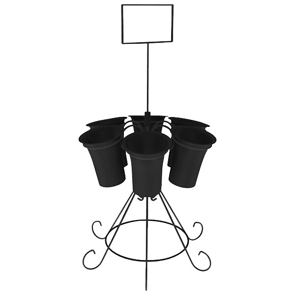 A black metal Marco Company flower stand with plastic cones on it.