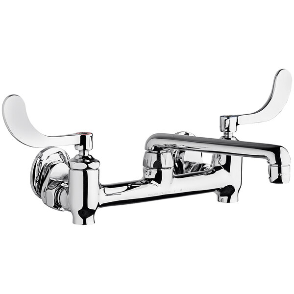 A chrome Chicago Faucets wall-mounted faucet with two wristblade handles.