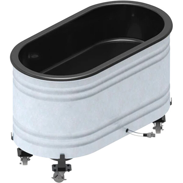 A galvanized oval tub with black rims and wheels.