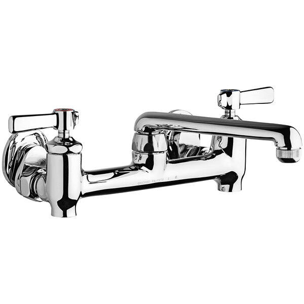 A silver Chicago Faucets wall-mounted faucet with 2 lever handles.