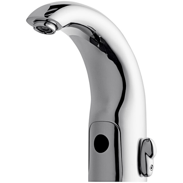 A Chicago Faucets deck-mounted sink faucet with a chrome finish and a black handle.