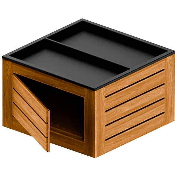 A wooden Marco Company produce display bin with a black door.
