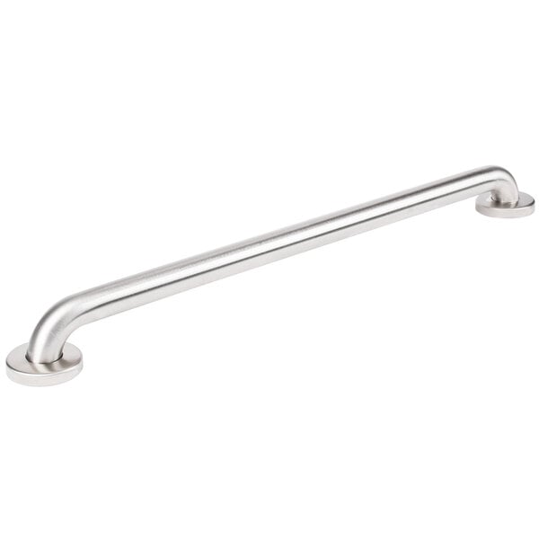 A silver metal Bobrick handrail with round bases.