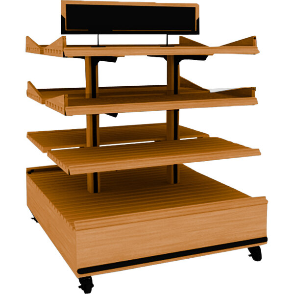 A wooden Marco Company bakery display shelf with adjustable shelves.