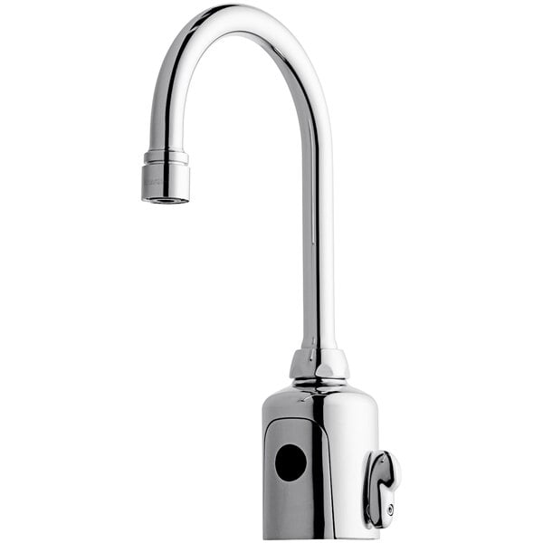 A Chicago Faucets HyTronic sink faucet with gooseneck spout and a single handle.