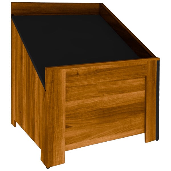 A wooden Marco Company produce bin with a black slanted top.