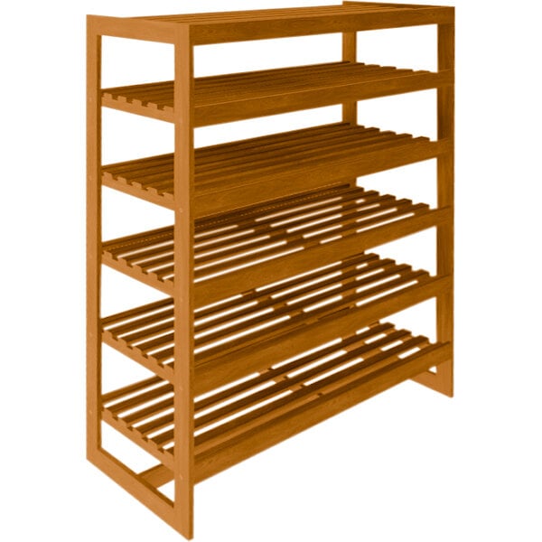 A Marco Company honey pine wooden bakery display shelf with shelves.