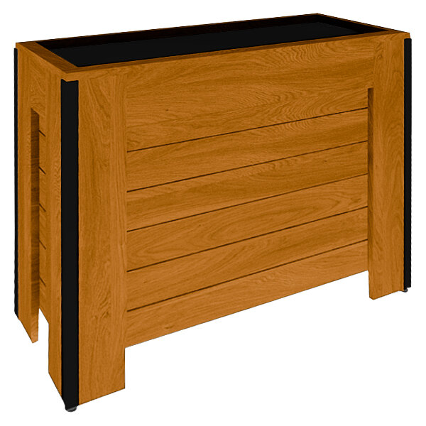 A wooden Marco Company produce display bin with black trim.
