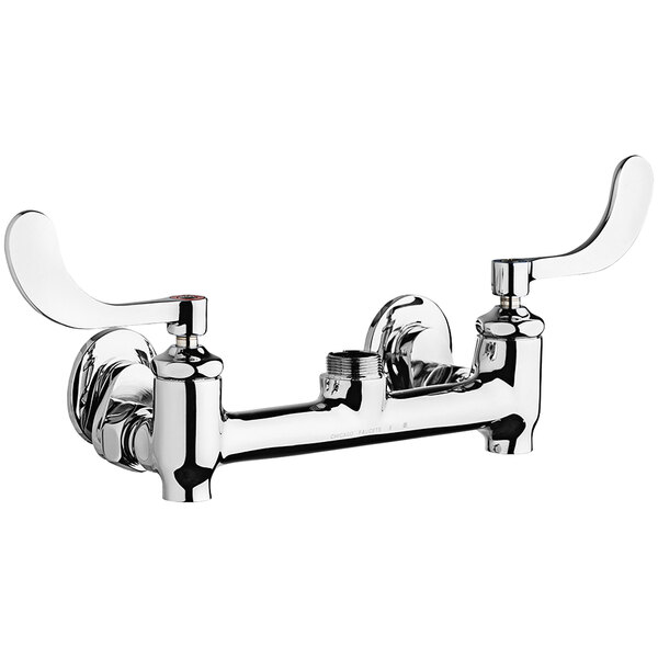 A Chicago Faucets chrome wall-mounted faucet base with wristblade handles.