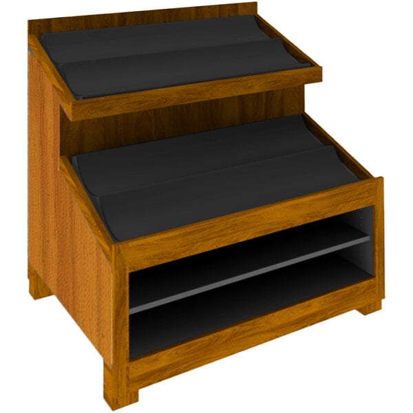 A wooden display rack with black shelves.