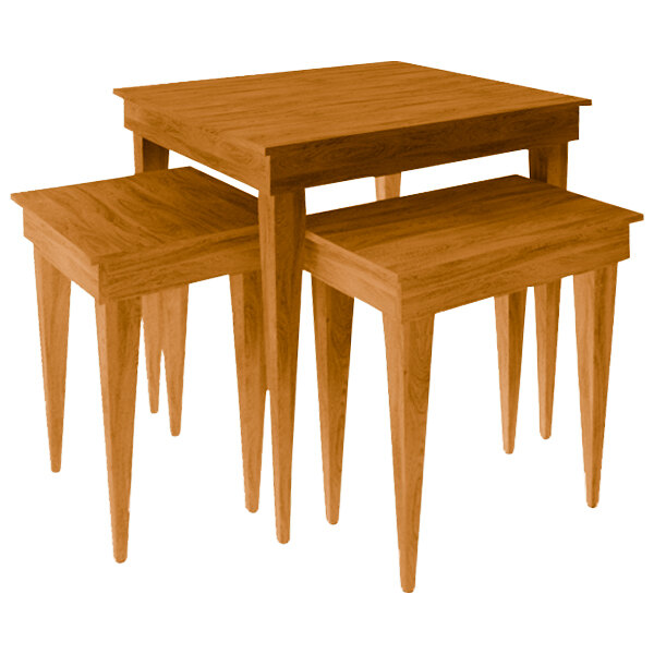 A Marco Honey Pine table set with three wooden tables with legs and square tops.