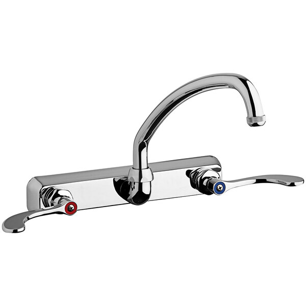 A silver and chrome Chicago Faucets wall-mounted sink faucet with an L-shaped spout and red and blue knobs.
