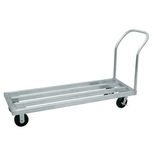 An Advance Tabco mobile aluminum dunnage rack with black wheels.