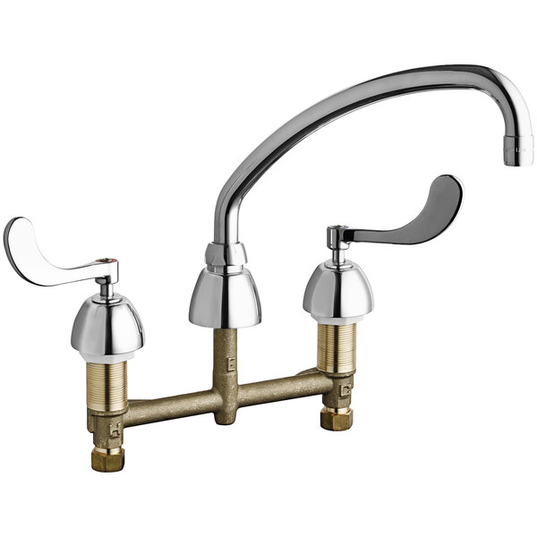 A Chicago Faucets chrome deck-mounted sink faucet with 4" wristblade handles.