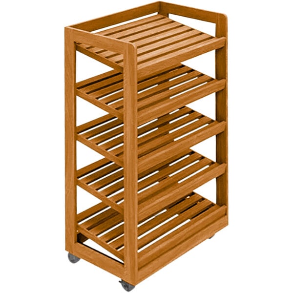 A Marco Company wooden rack with four shelves on wheels.