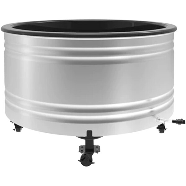 A silver metal round container with black casters.