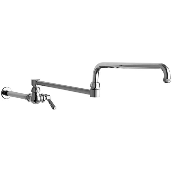 A chrome Chicago Faucets wall-mounted pot filler faucet with a double-jointed swing spout.