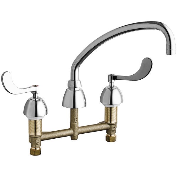 A chrome Chicago Faucets deck-mounted sink faucet with 2 lever handles.