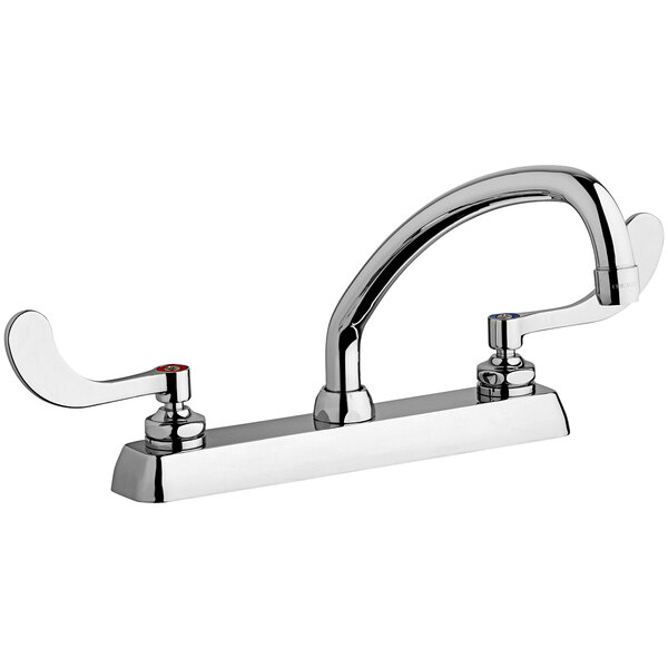A silver Chicago Faucets deck-mounted sink faucet with red handles.