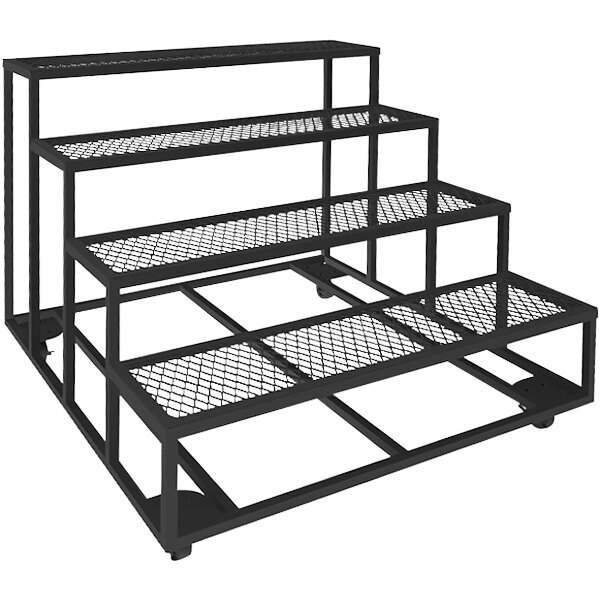 A Marco Company black metal 4-step shelving display with mesh shelves.