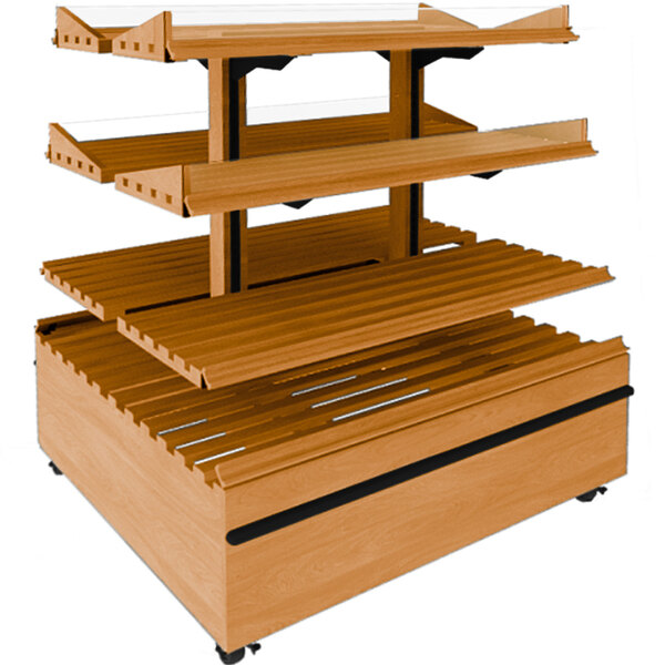A Marco Company honey pine wooden bakery display with adjustable shelving.
