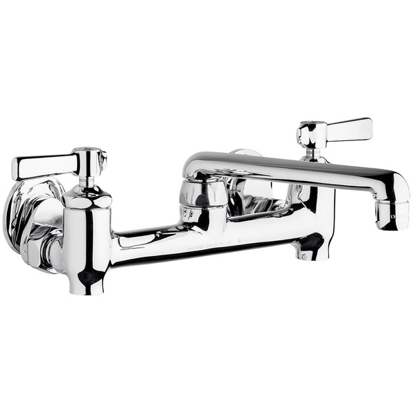 A Chicago Faucets chrome wall-mounted sink faucet with 2 lever handles.
