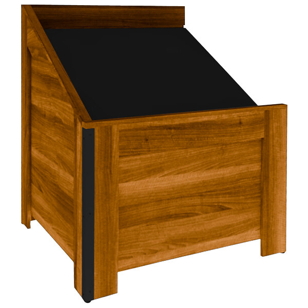 A wooden produce bin with a black slanted front.