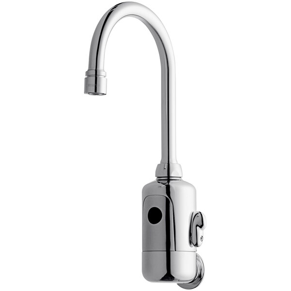 A Chicago Faucets HyTronic wall-mounted sink faucet with gooseneck spout and sprayer.