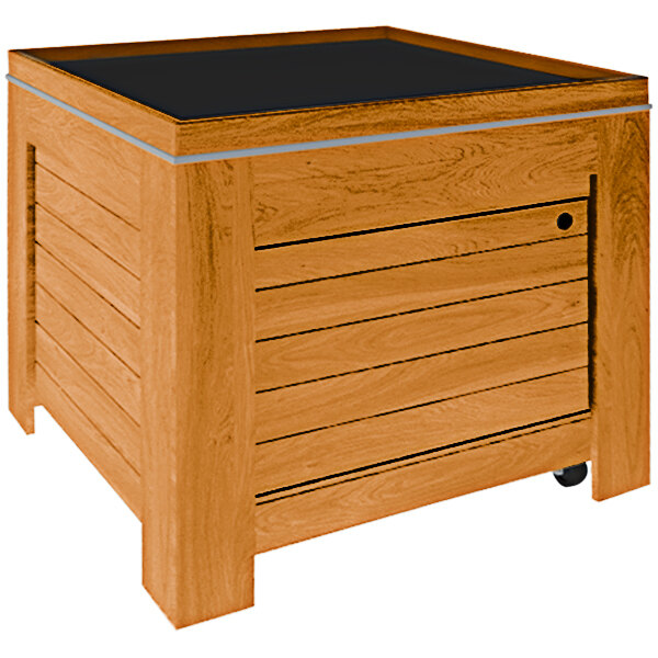 A wooden Marco Company produce display bin with wheels and a stainless steel tub.